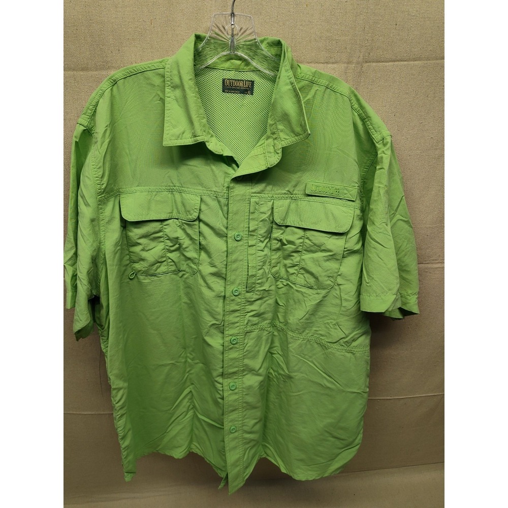 Outdoor Life Mens XL Fishing Shirt Short Sleeve Lime Green Ventilated Button Up‎